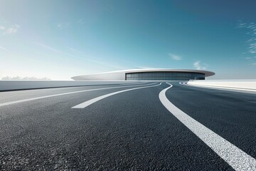 Fototapeta premium Futuristic Modern Architecture with Curved Road Leading to Sleek Building Under Clear Blue Sky