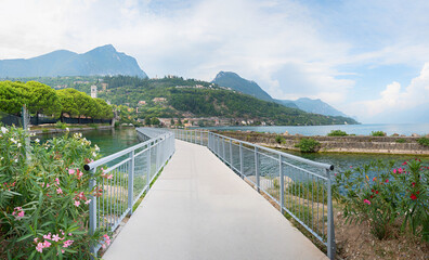 new pedestrian walkway and bike route Ciclopista del Garda with bridge, lake Gardasee, Toscolano...