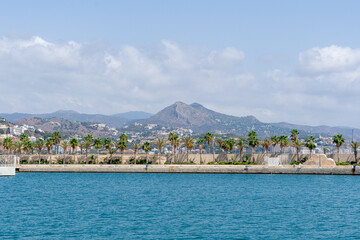 Blue sea with palm trees and hill