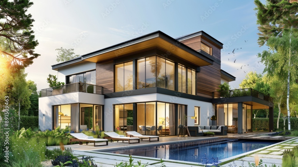 Poster a large house with a pool and a balcony. the house is surrounded by trees and has a modern design
