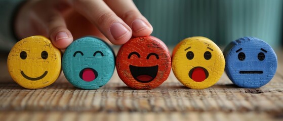 Colorful Wooden Emotion Faces Displaying Various Expressions on Wooden Surface