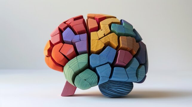 Colorful wooden geometric puzzle brain model. Neurodiversity concept.