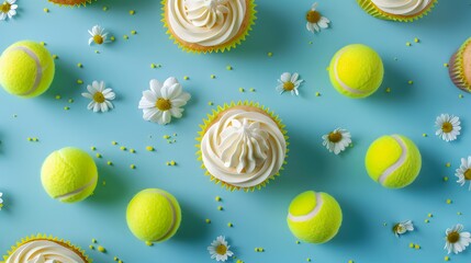Yellow tennis balls and a green racket, cupcakes on the side, pastel blue background, with some little white flowers, minimalistic.