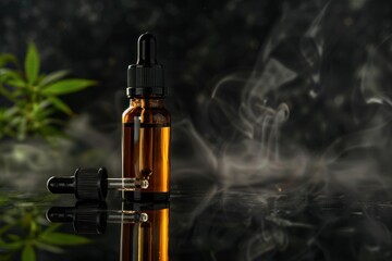 Naklejka premium CBD cannabis oil bottle isolated on black horizontal background with copy space
