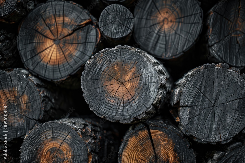 Poster a pile of logs with black and brown markings. the logs are arranged in a way that creates a sense of