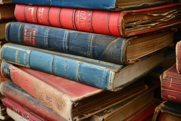 A stack of old books with the top one being red and blue