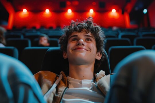 Cheerful teenager man is watching movie in the cinema theatre