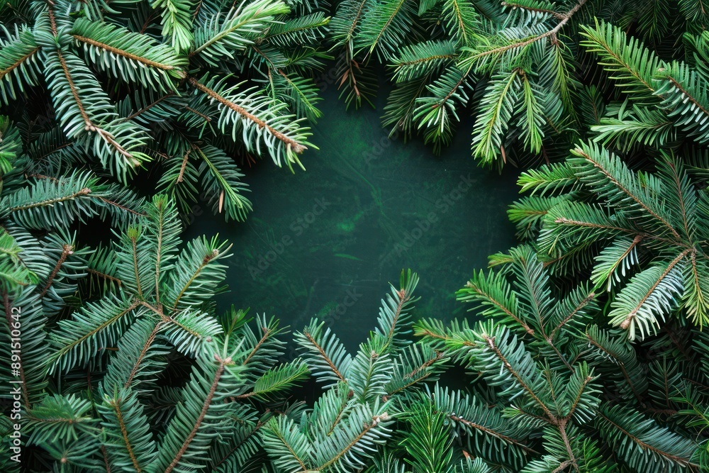 Poster christmas tree branches background with round blank copy space in center