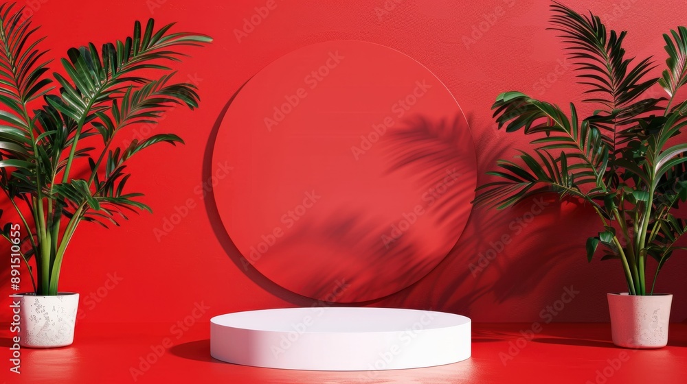 Poster a red background with a white circle in the middle and two potted plants on either side. the scene i