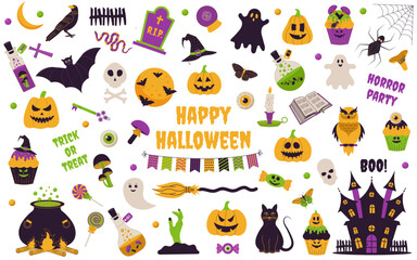 Halloween. Set of Halloween elements:  pumpkins, castle, candle, bat, candy, ghost, grave,  skull, spider, cat, scary,  hat,  moon,  pot, crow, fence,  cupcake, spiderweb, eye, poison, owl, book.