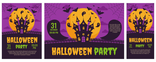 Halloween. Set of Halloween party invitations, posters. Template for greeting cards, background, cover, sale banner, flyer, advertising, web, social media.