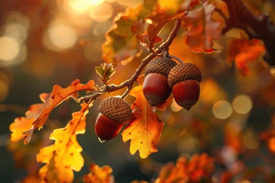 Close up autumn acorns and leaves autumn gold light weather