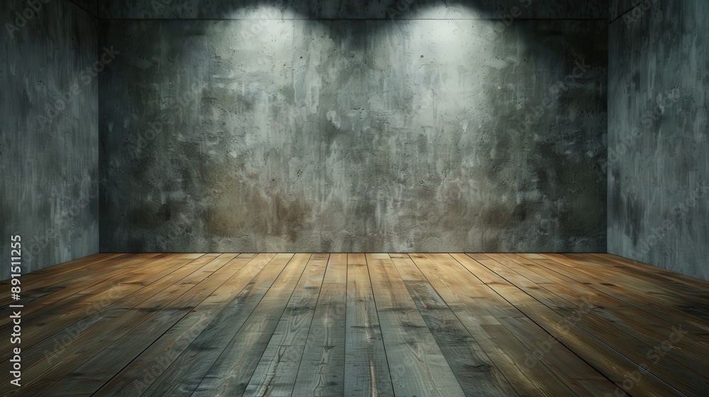 Poster a large empty room with a wooden floor and two lights above it. the room is bare and empty, with no 