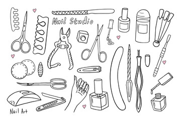 Trendy set of manicure tools. Nail polish, Gel polish, emery board, cuticle scissors, nail brush, nail file, tweezers, nail clippers, LED nail lamp, Toenail scissors. Hand drawn. Nail studio. Doodles