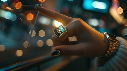 Closeup photo of female hand touching screen generic design smart watch. Film effects, blurred background. Horizontal 