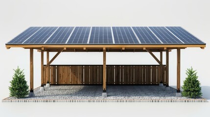 Modern wooden carport with solar panels on the roof, surrounded by two green shrubs, providing eco-friendly and sustainable energy solutions.