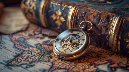 A pocket watch and book on an old map, symbolizing time travel or adventure in the style of vintage-inspired imagery