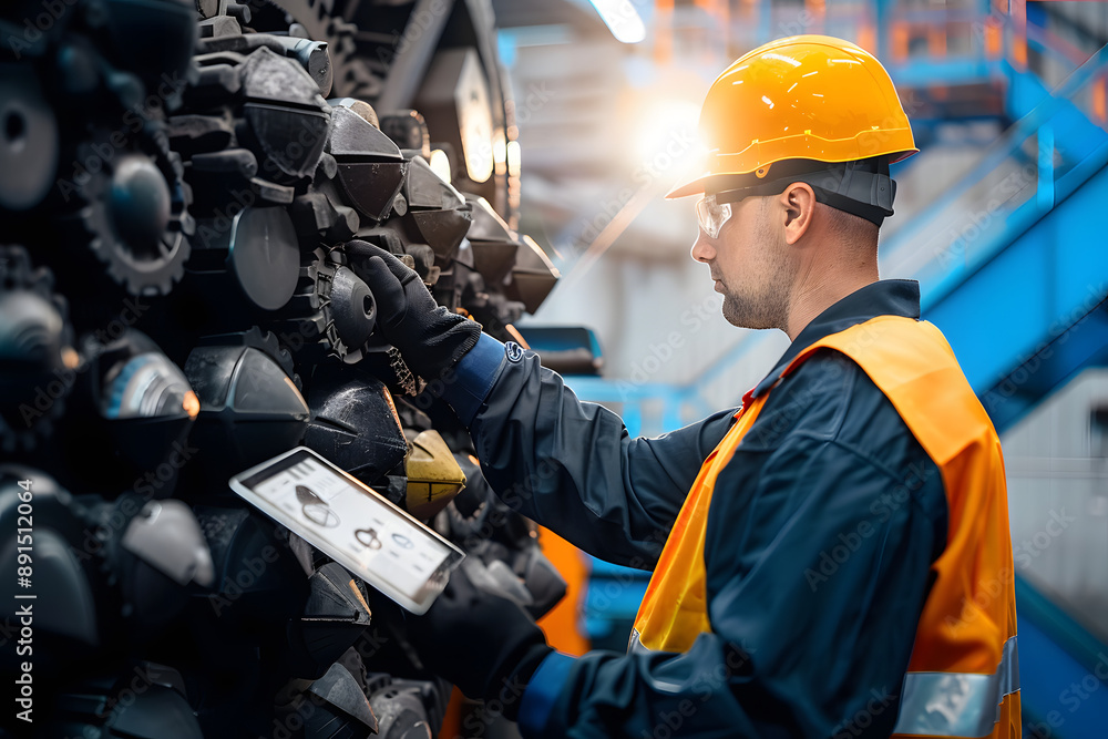 Poster miner operator control with computer tablet drilling machine in coal mine. concept smart industrial 