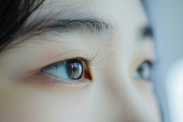 Obraz premium Close-up of a asian person's eye with visible eyelashes, on a light background, showcasing beauty and vision concepts