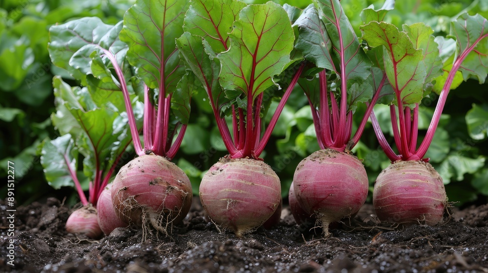 Poster a bunch of red beets are growing in the dirt. the beets are all different sizes and are all facing t