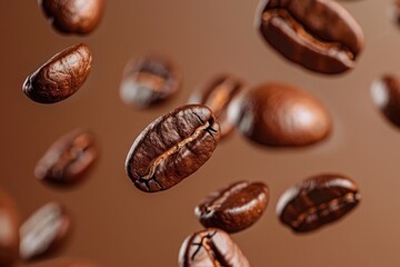 Fototapeta premium coffee beans flying in mid-air with a pastel brown background