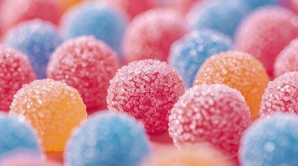 A close up of a bunch of colorful gummy bears. The gummy bears are in various colors, including pink, blue, and yellow. Concept of fun and playfulness