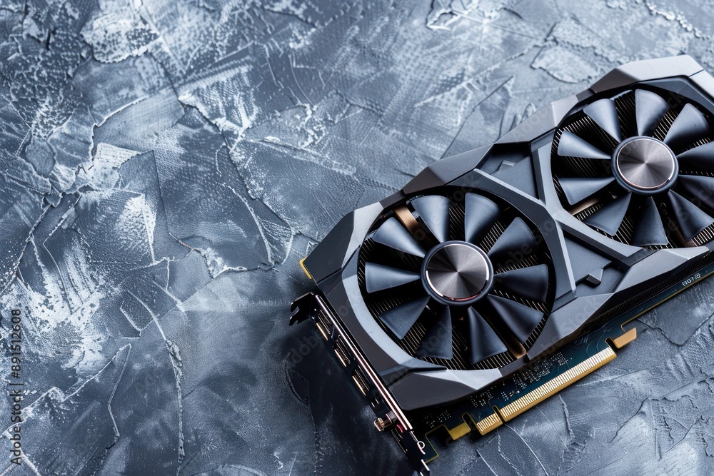 Poster computer graphics card on gray textured background, closeup. space for text isolated background