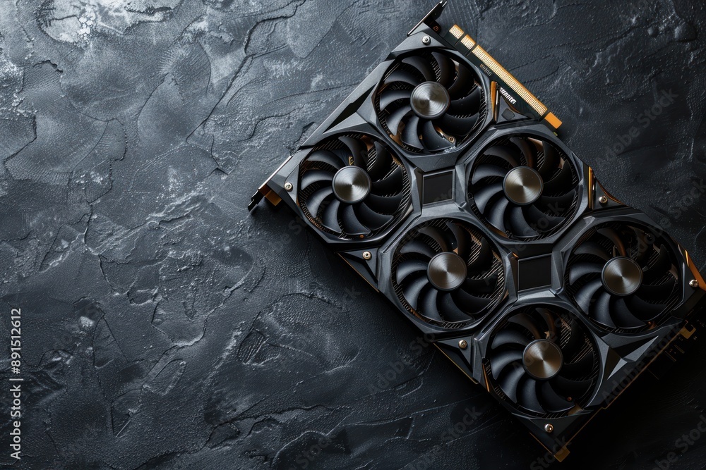 Fototapete computer graphics card on gray textured background, closeup. space for text isolated background