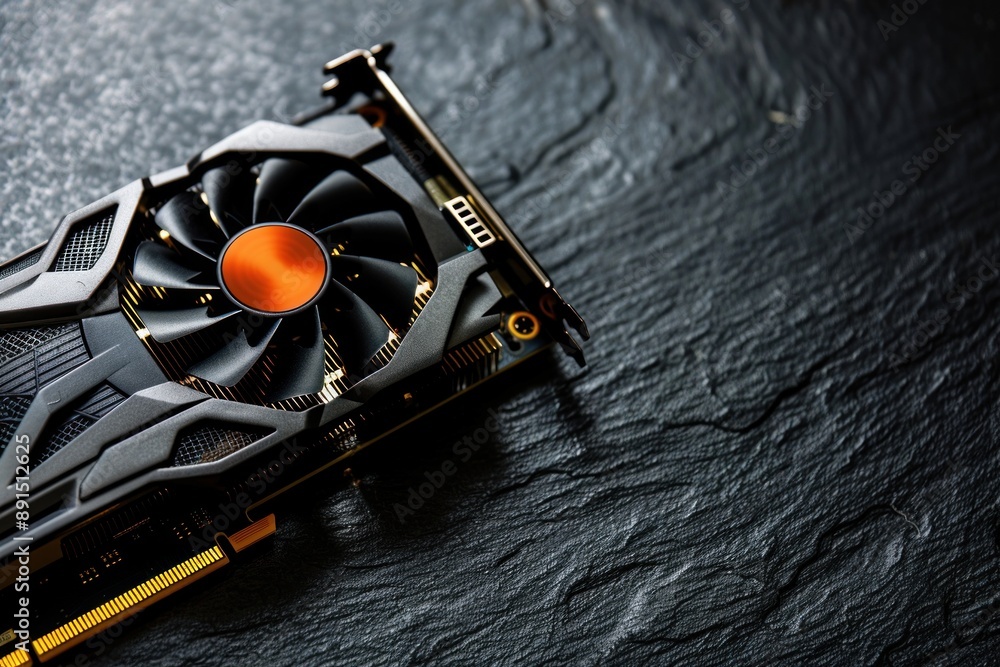 Fototapete computer graphics card on gray textured background, closeup. space for text isolated background