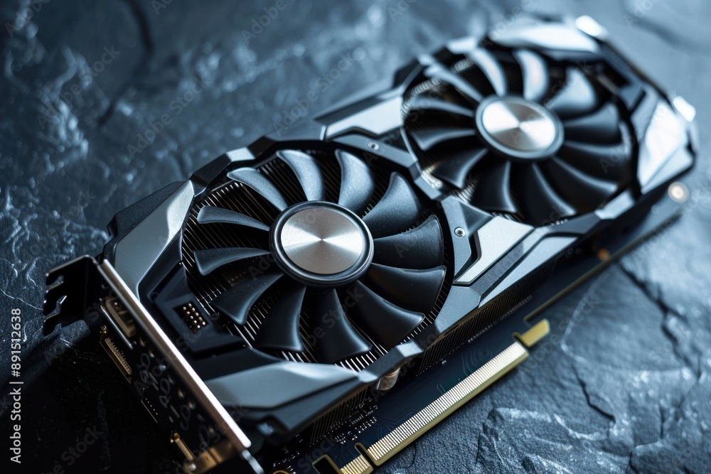 Fototapete computer graphics card on gray textured background, closeup. space for text isolated background