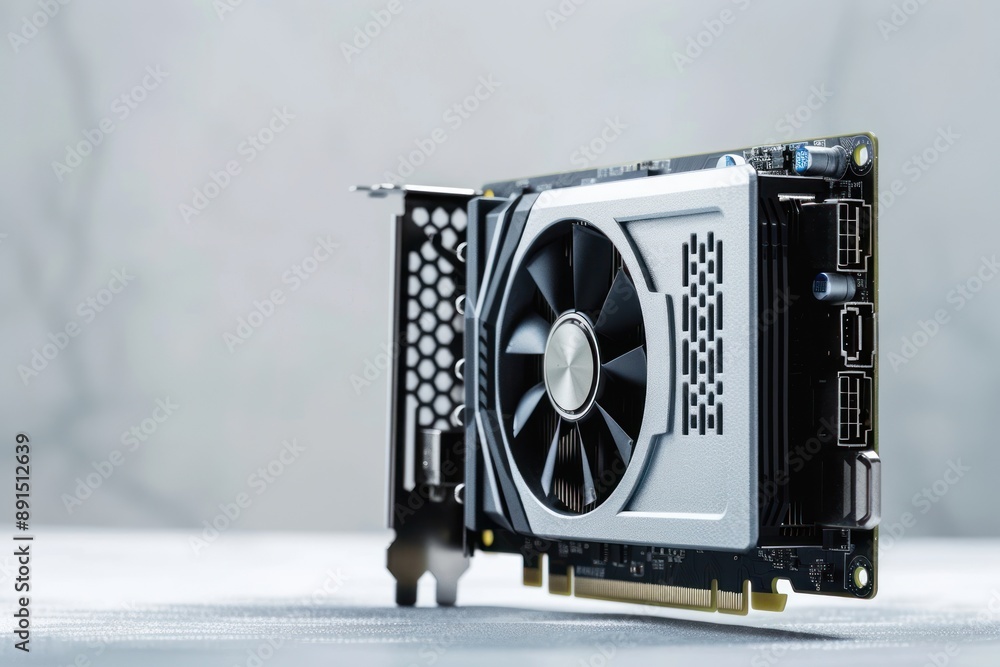 Fototapete computer graphics card on gray textured background, closeup. space for text isolated background