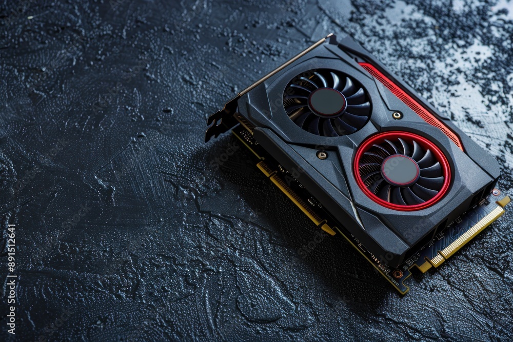 Fototapete computer graphics card on gray textured background, closeup. space for text isolated background