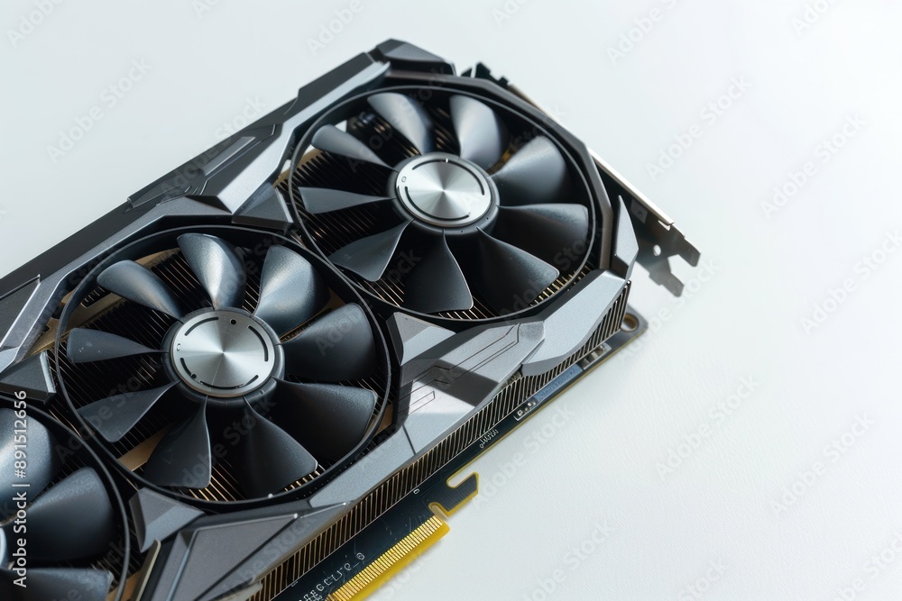 Fototapete computer graphics card on gray textured background, closeup. space for text isolated background