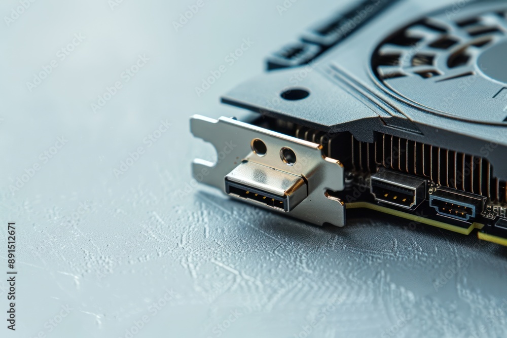 Fototapete computer graphics card on gray textured background, closeup. space for text isolated background