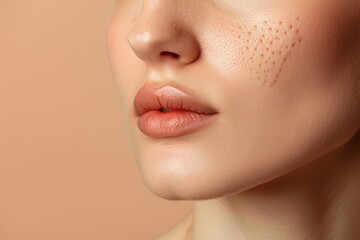 Fototapeta premium Cropped Face of Woman in her 30s with Acne Problem, Couperosis, Scarring, Blackheads. Horizontal Copy Space