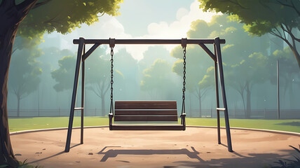 An empty swing swaying gently in a deserted playground, suggesting feelings of abandonment and nostalgia.