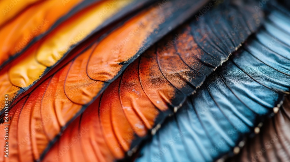 Poster this image showcases a close-up view of vibrant, multi-colored bird feathers, with an intricate text