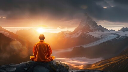 Obraz premium A man meditating on a mountain top. The sun is setting in the background, casting a warm glow over the scene. The man is wearing an orange robe, and the mountains in the background are covered in snow