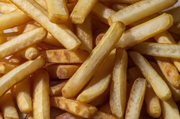 French fries or potato fries with salt taste isolated on background, fast food with high calories, popular appetizer or snack.