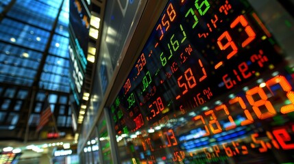 Obraz premium Stock Market Ticker Display with City Building