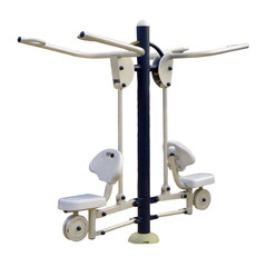 Metal outdoor fitness station with two seats for upper body strength training. Isolated on white. Station has adjustable handles for lat pulldowns and rows, offering a full-body workout.