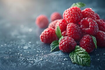 Macro shot of fresh, dew-covered raspberries. Raspberry banner. Raspberry background.