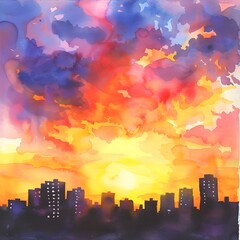 Fototapeta premium A dynamic sunset over a city, with the sky painted in vibrant shades of orange, pink, and yellow.