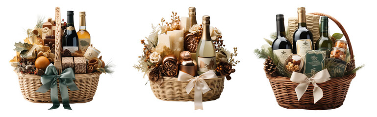 Set of luxury gift hamper baskets isolated on a transparent background.