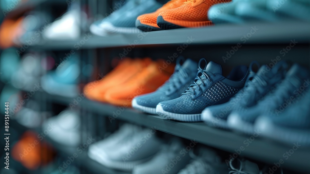Poster a neatly arranged shelf displaying various colorful sneakers in a sports store, showcasing different