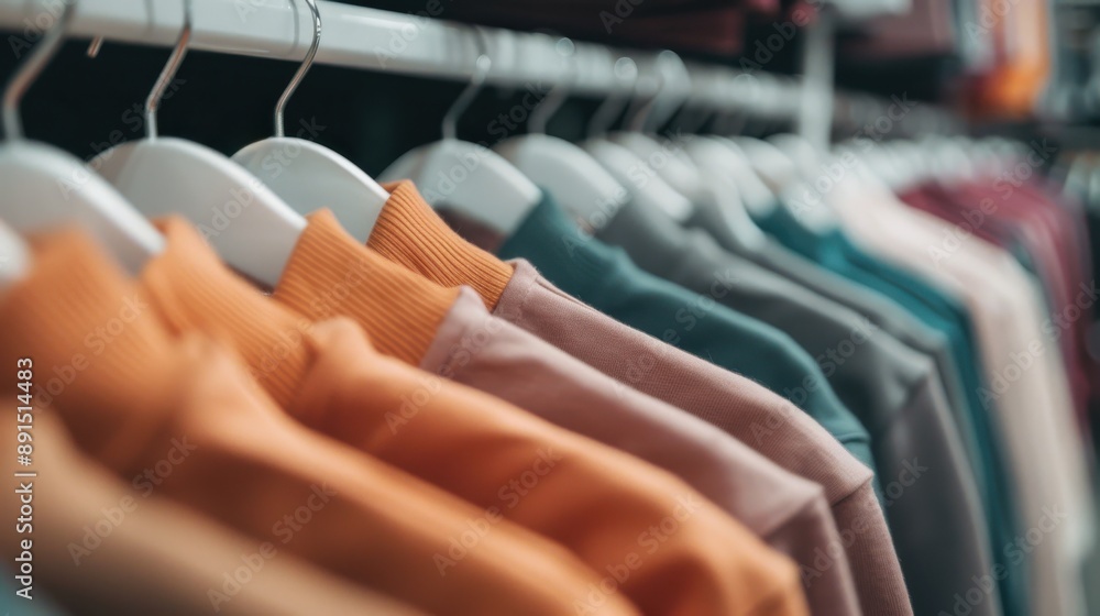 Poster an array of colorful sweatshirts is neatly hung on hangers on a store rack, displaying different col