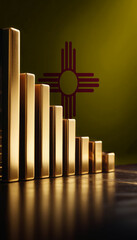 Obraz premium A row of gold bars of varying sizes is arranged in front of an New Mexico flag, symbolizing wealth and economic strength