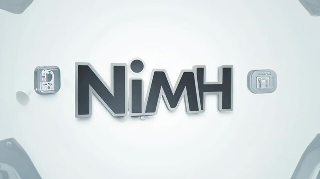 The inscription "NiMH" on a light background with icons. Concept: batteries and energy storage technologies.