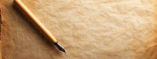 A pen is on a piece of paper with a brown background. The pen is on the paper in a way that it is almost as if it is writing on the paper - Powered by Adobe