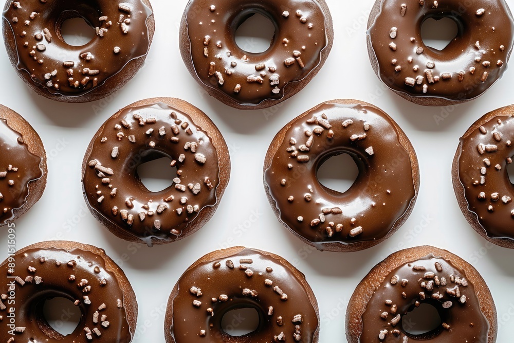 Poster a row of chocolate donuts with sprinkles on top. the donuts are arranged in a neat row on a white ba